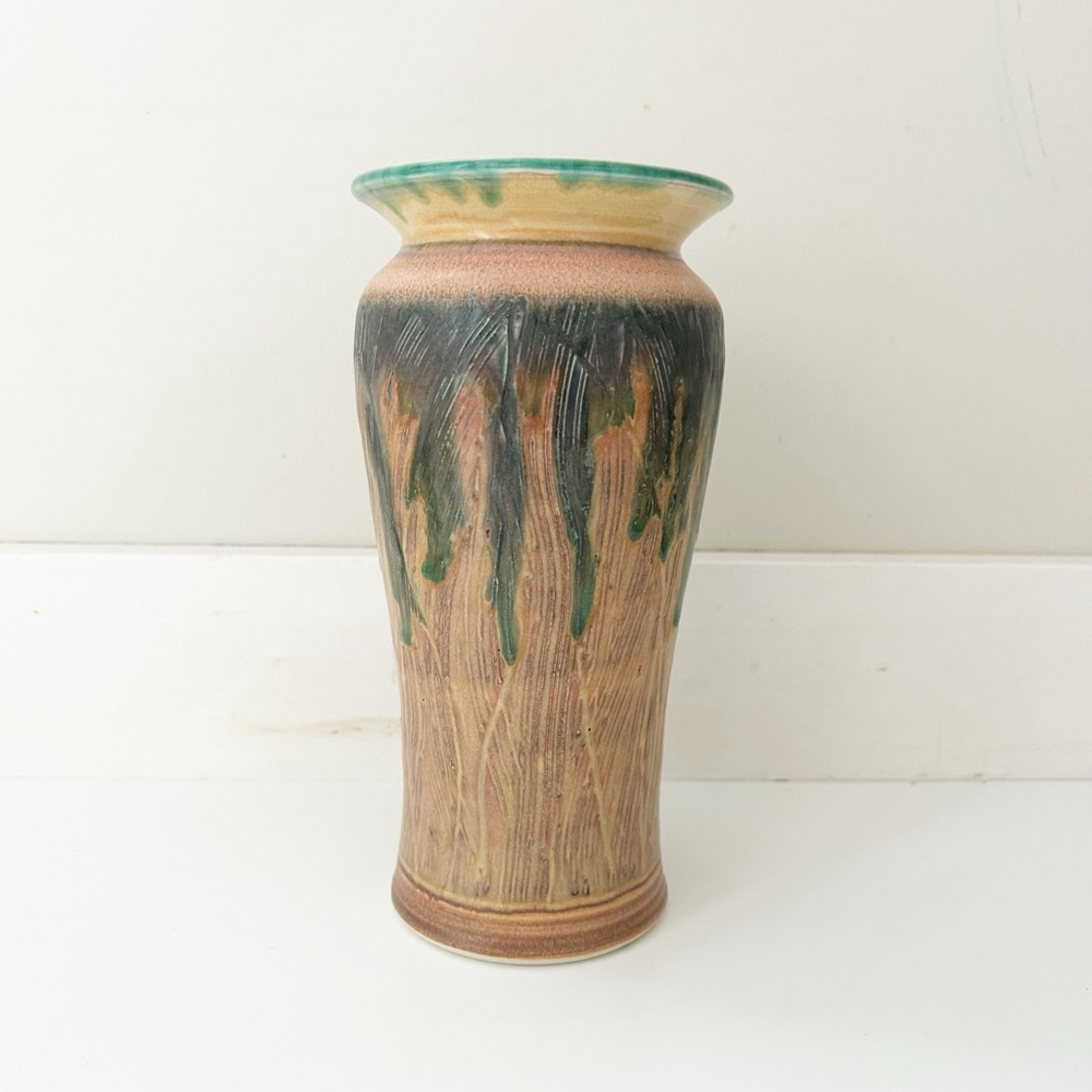 Studio Pottery Brown Earthy and Green Textured Drip Vase Signed Neutral
